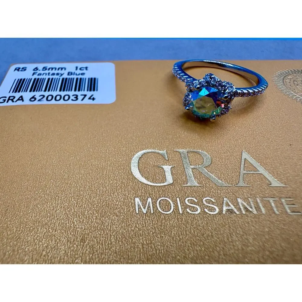 Fantasy Blue & White Moissanite Ring 1CTW Size 7.5 GRA Incl.